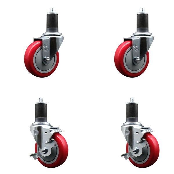 Service Caster 4'' SS Red Poly Wheel Swivel 1-5/8'' Expanding Stem Caster Set 2 Brakes, 4PK SCC-SSEX20S414-PPUB-RED-2-TLB-2-158 - main